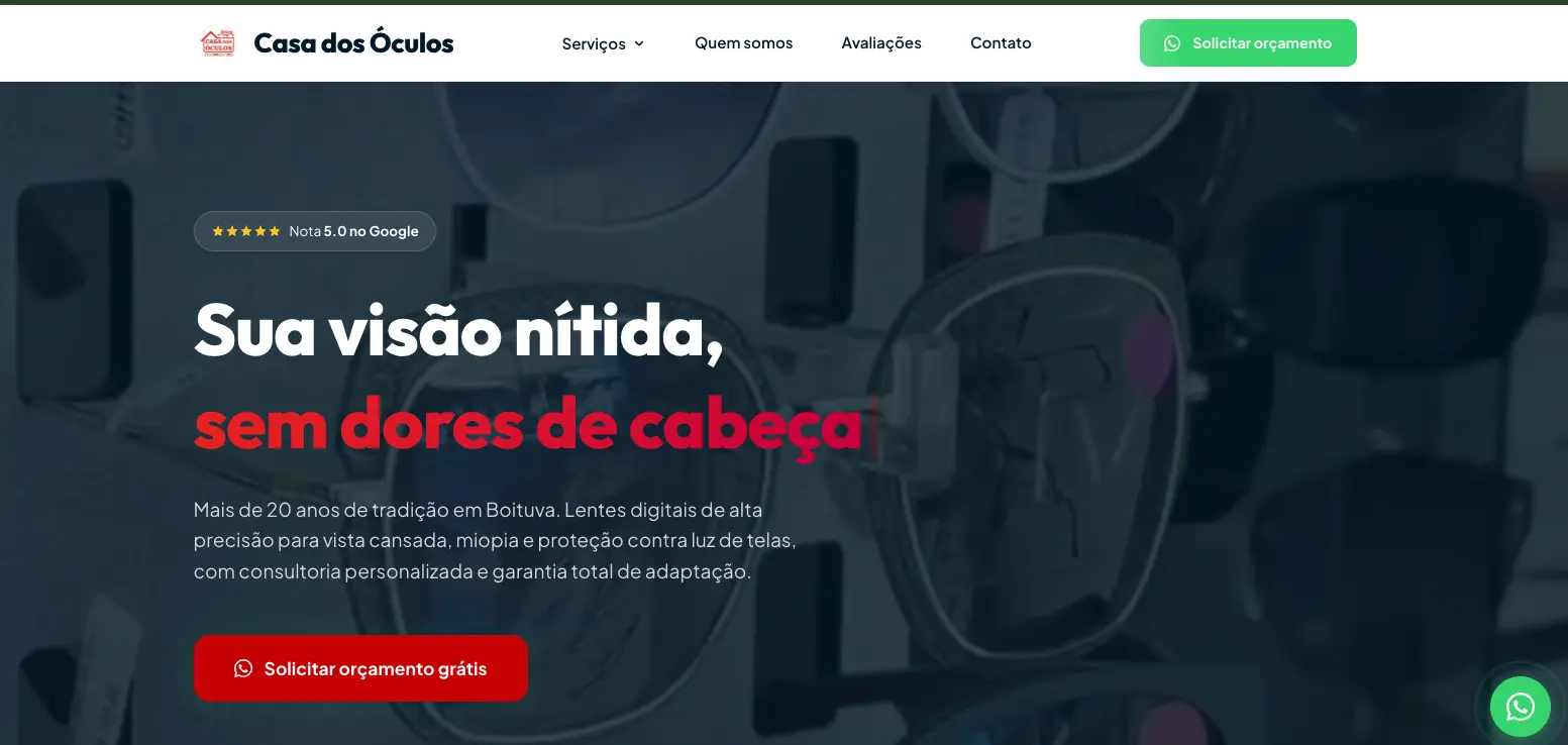 Site, anúncios e presença local para ótica
